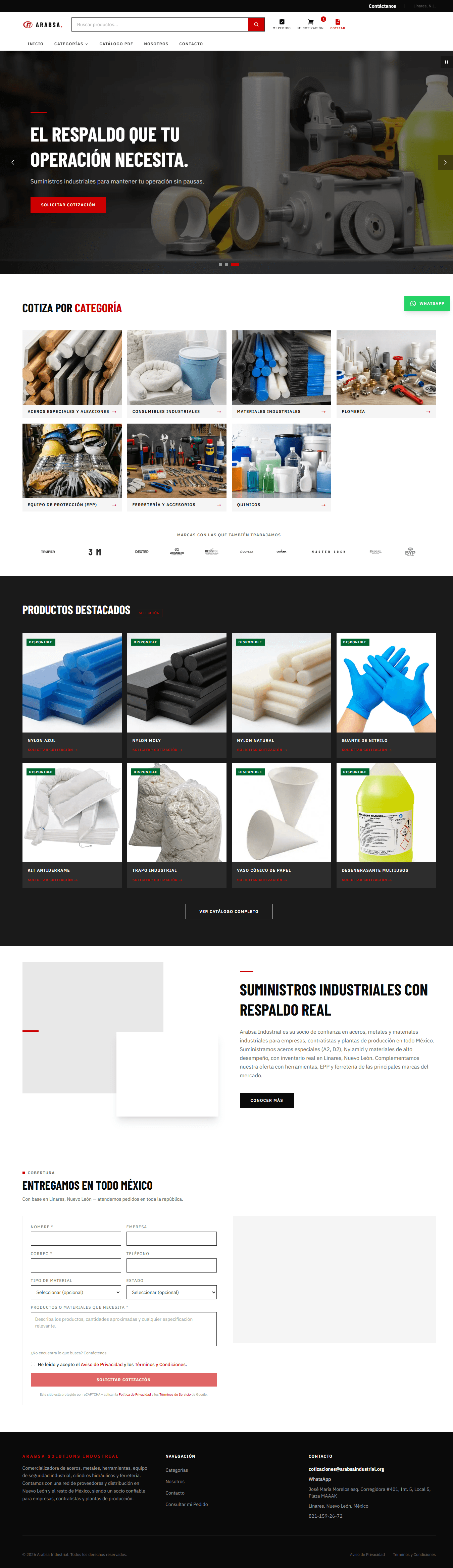 Sitio público de Arabsa Industrial, del banner principal al formulario de cotización