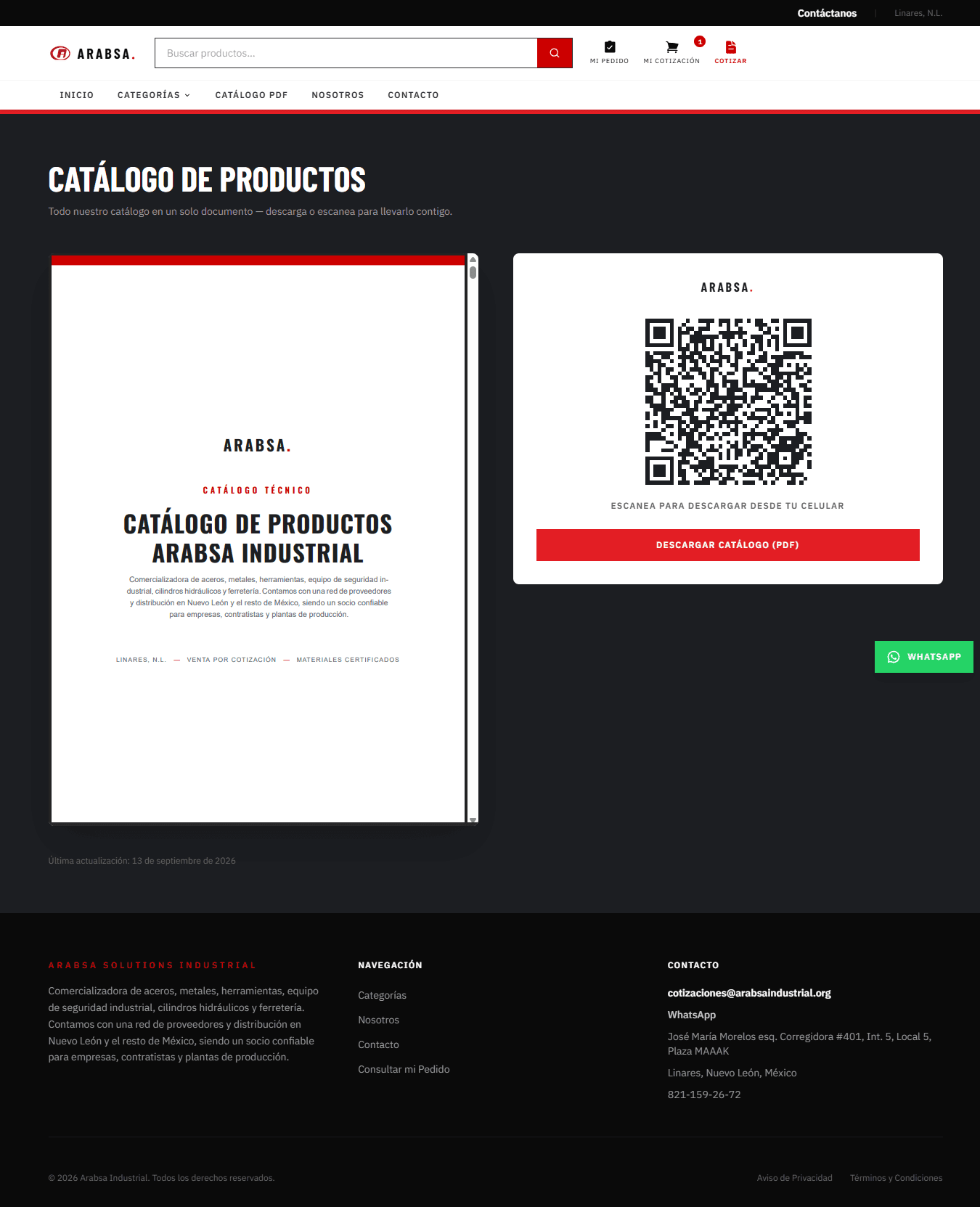 Página del catálogo en PDF con vista previa y código QR de descarga