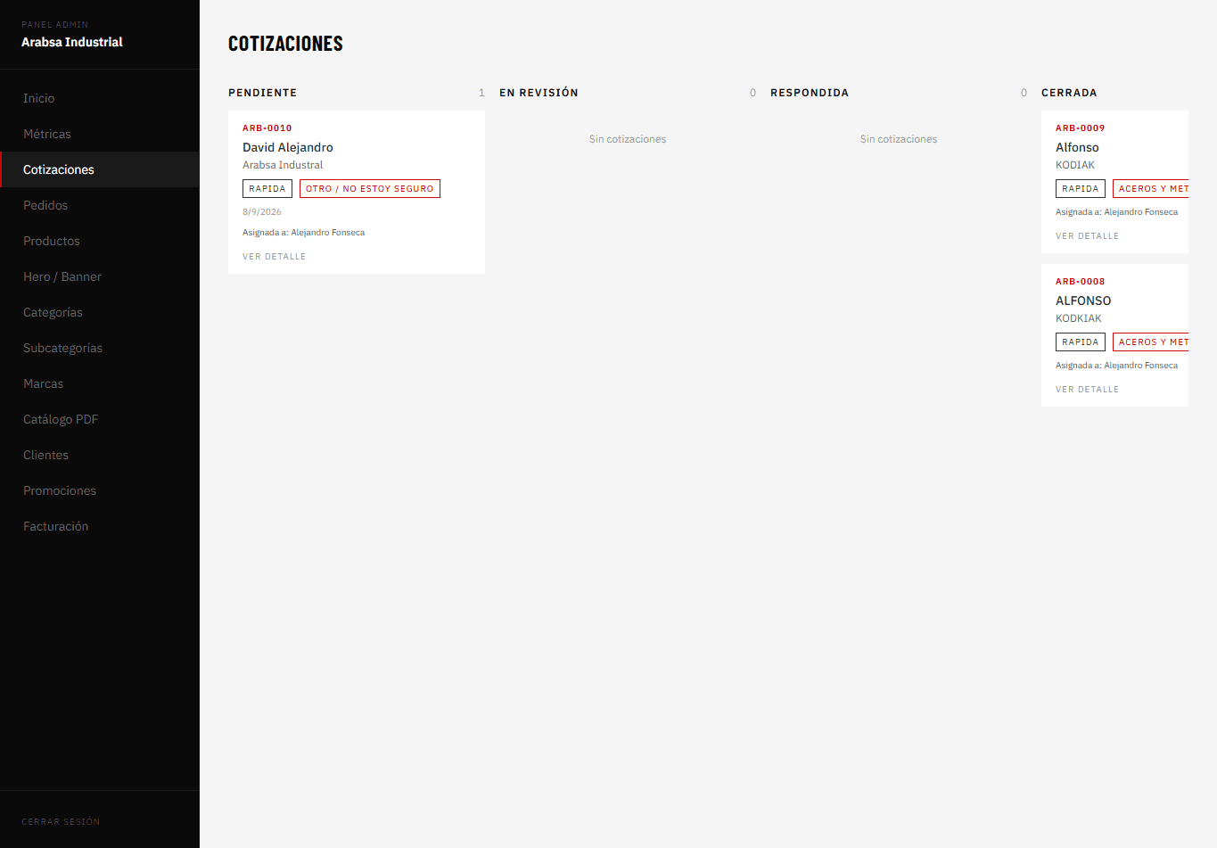 Tablero de cotizaciones organizado por estatus