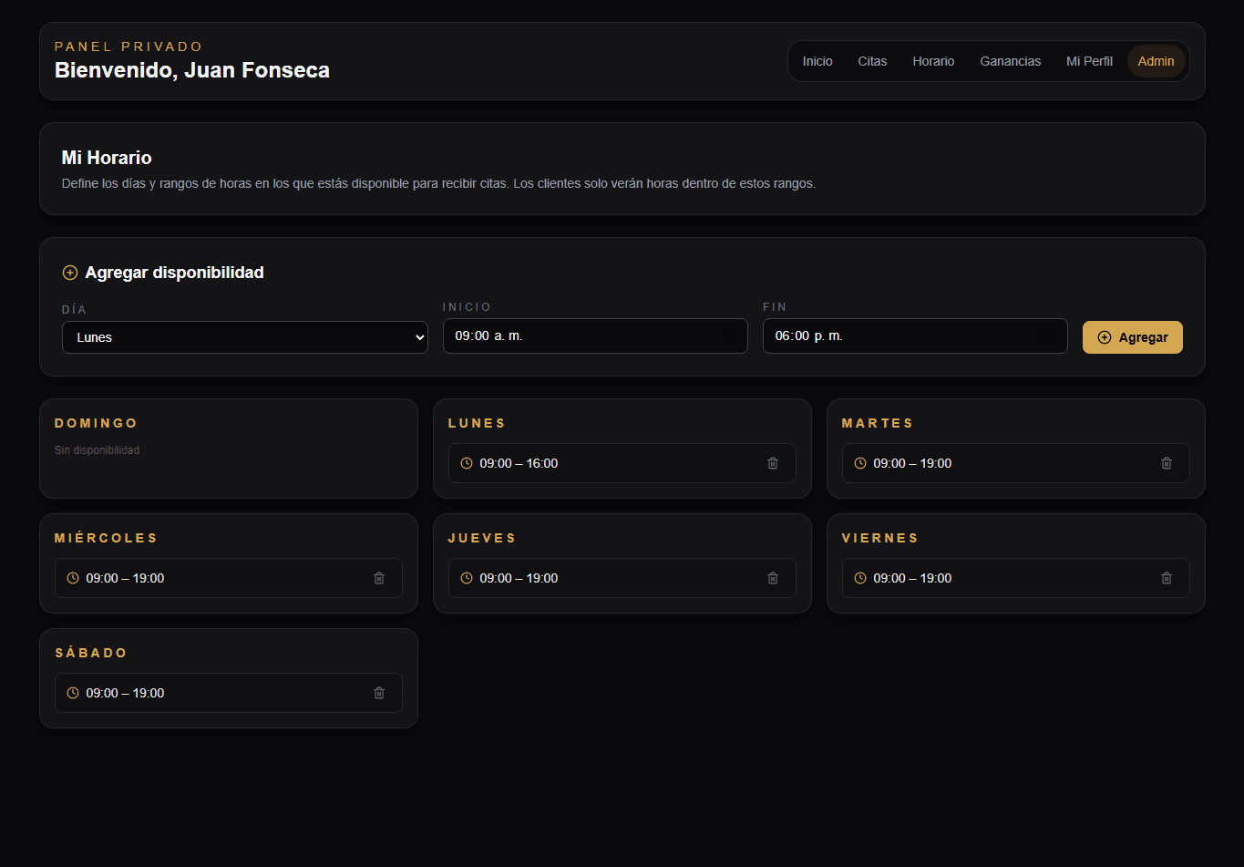 Panel de configuración de horario
