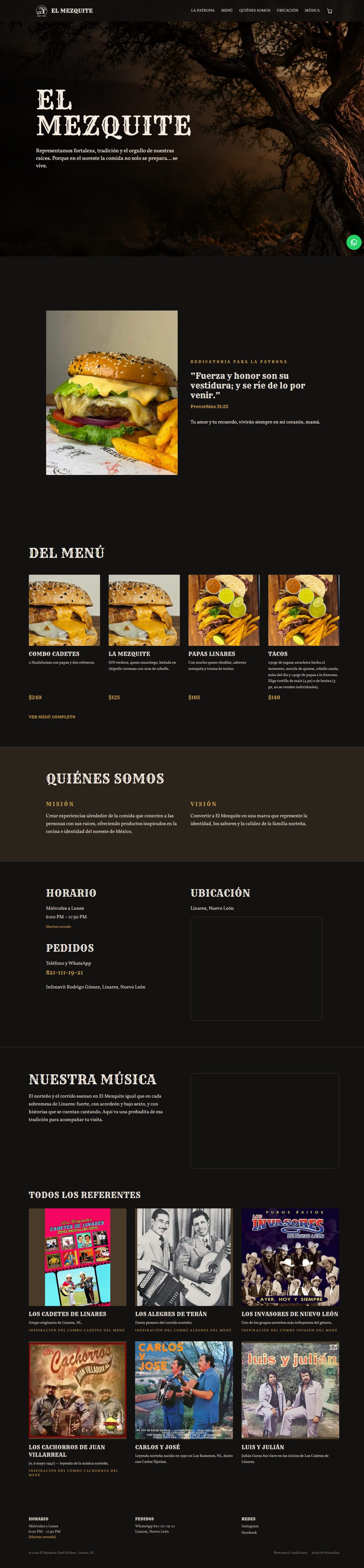 Sitio de El Mezquite Dark Kitchen: hero del mezquite, platillo insignia, destacados del menú, horario y música