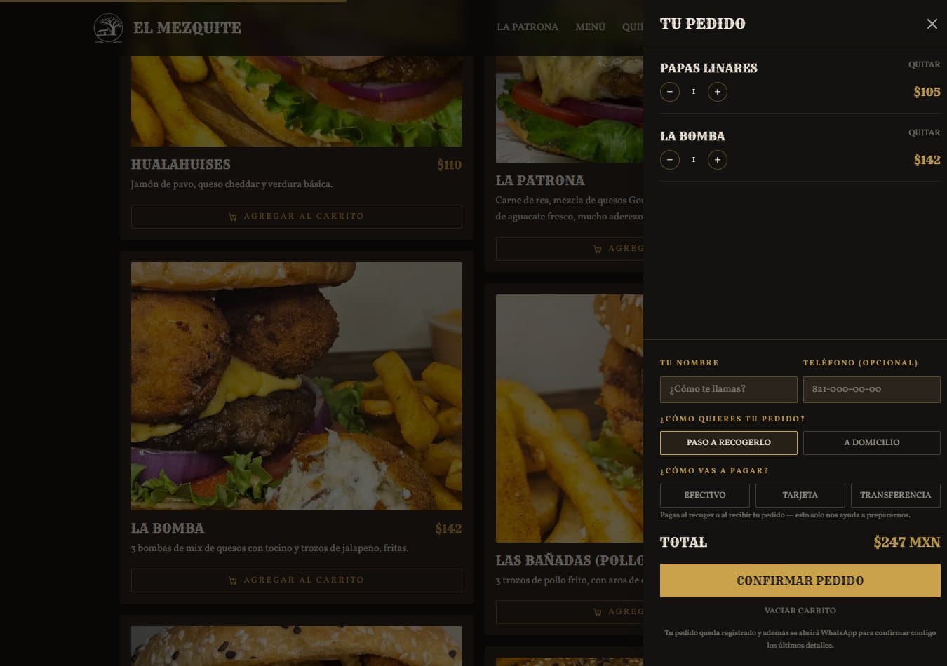 Carrito con el pedido, forma de entrega y método de pago