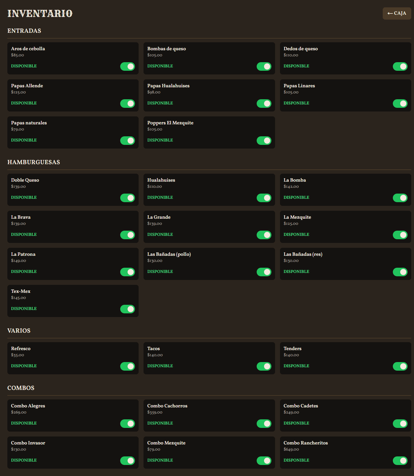 Inventario con interruptores de disponible por platillo