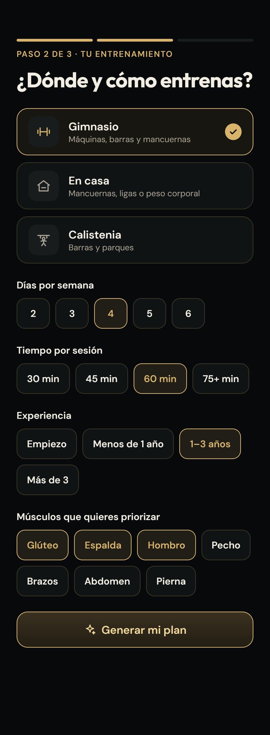 Paso 2 del registro: dónde y cómo entrenas