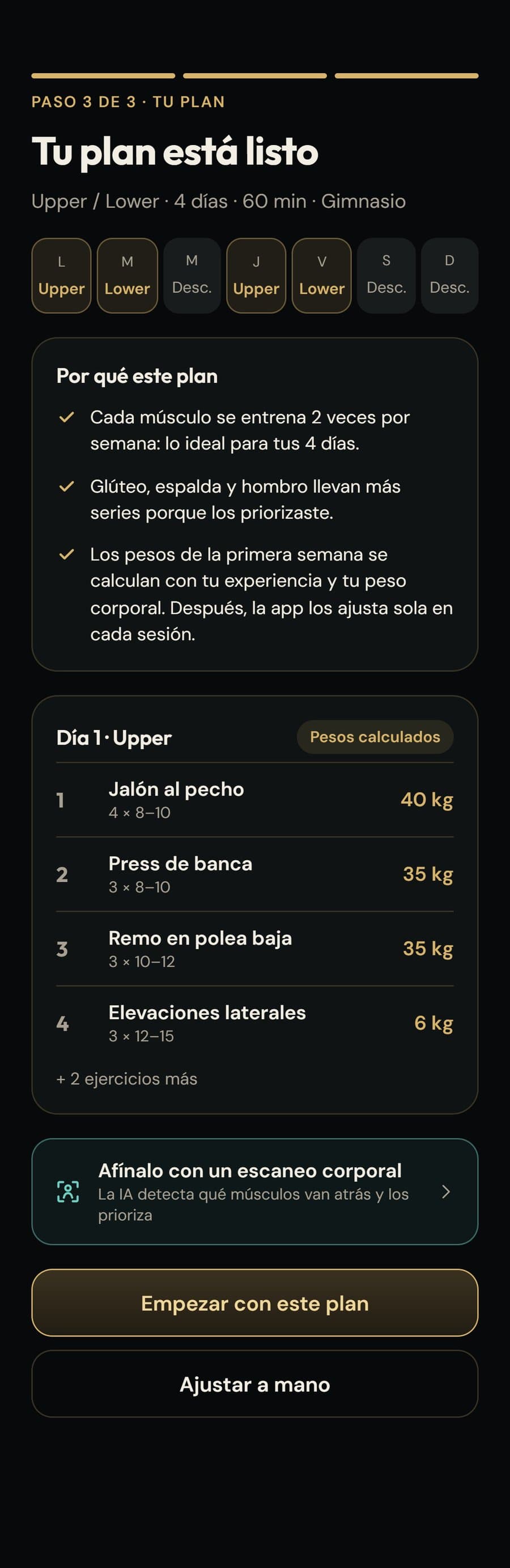 Plan generado con explicación y primer día de rutina
