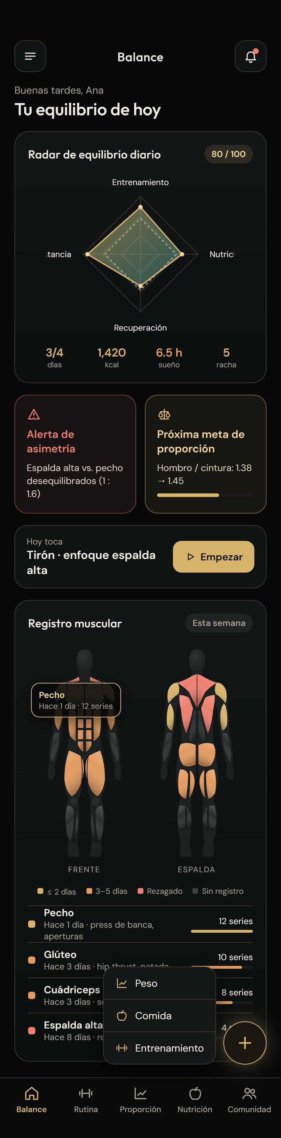 Pantalla de balance con radar de equilibrio, alertas y mapa muscular