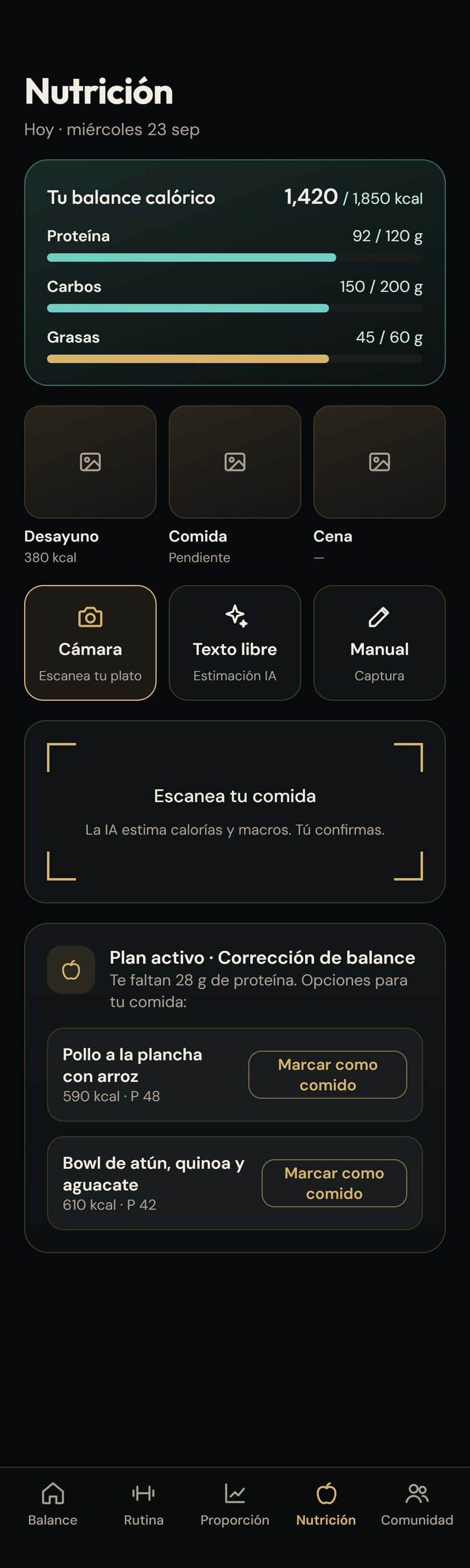 Pantalla de nutrición con balance calórico, macros y registro por foto