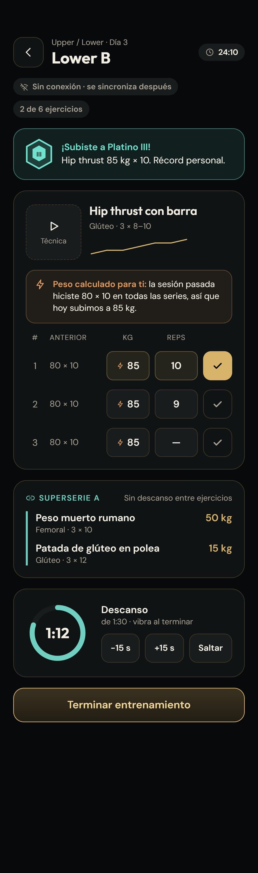 Sesión de entrenamiento con peso calculado, series y cronómetro de descanso