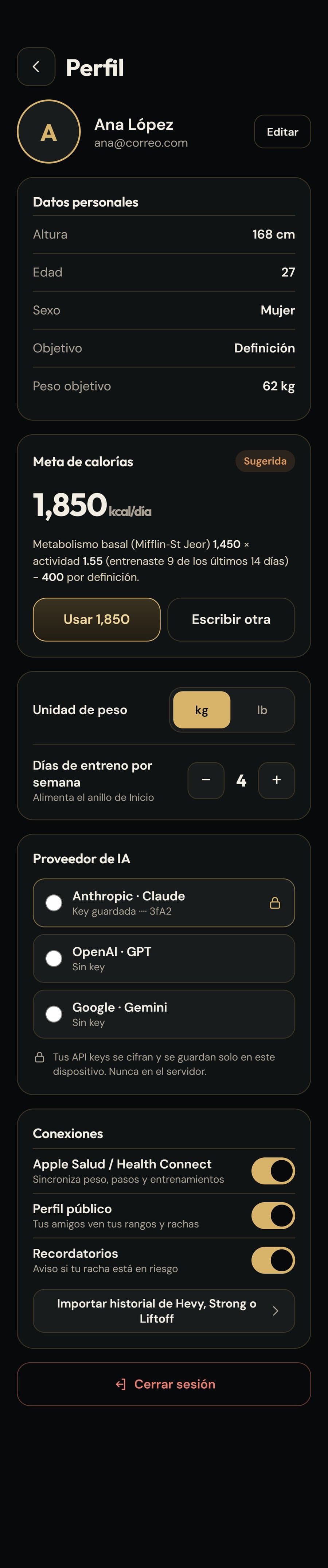 Pantalla de perfil con datos, meta de calorías y conexiones