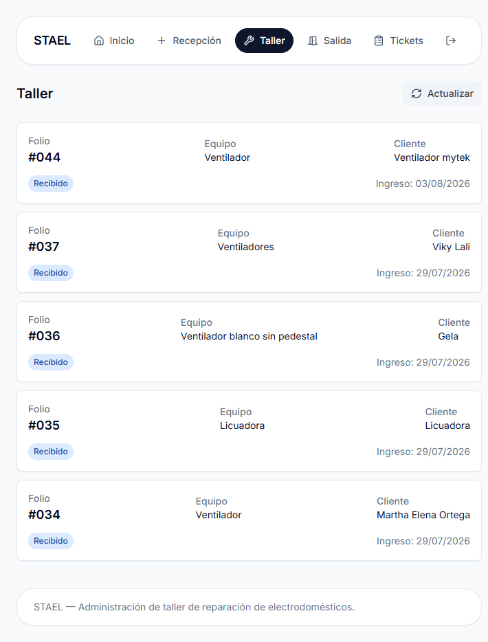 Lista de equipos pendientes en el taller con folio, equipo y cliente